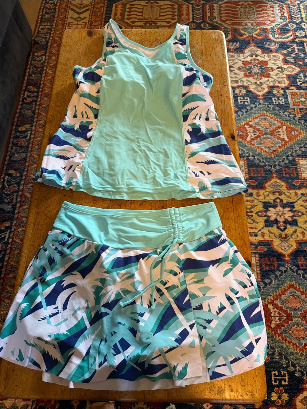 Women’s Aqua Palm Print Tankini Top & Skirt Swim Set